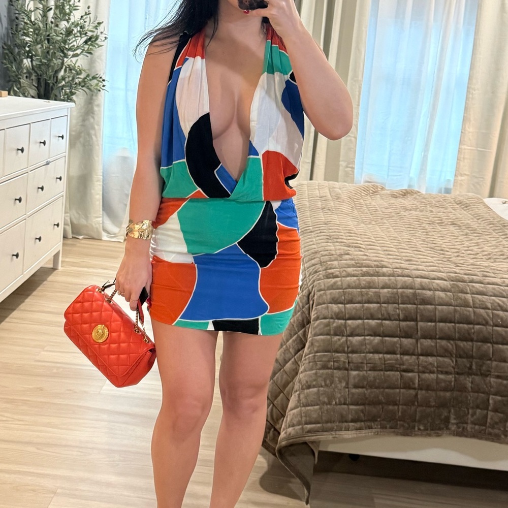 Indah Multicolor Deep V Mini Dress - Orange/Blue/Green/White